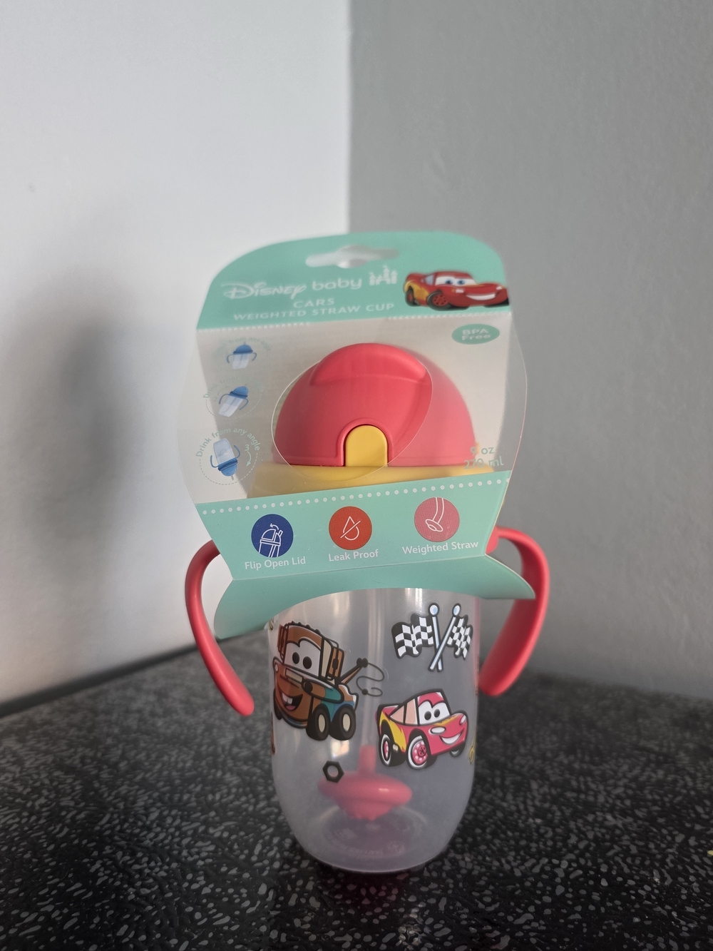 Disney Cars Pink and Yellow Flip-Top Weighted Straw Cup